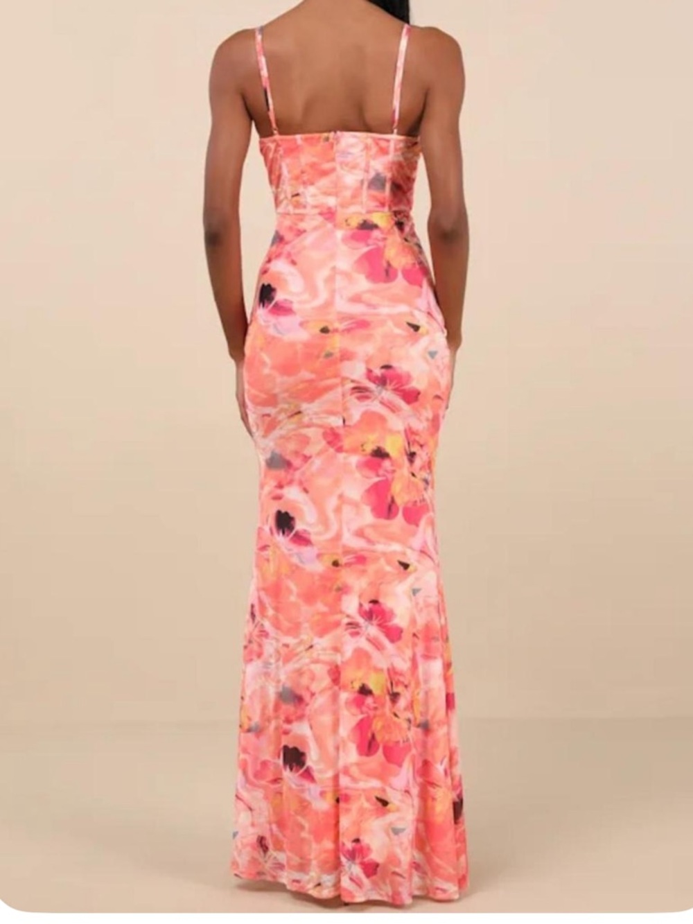 Lulu's Coral Pink Printed Ruched Maxi Dress with Slit - Picture 2 of 5